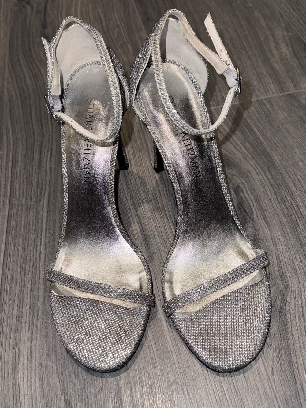 Stuart Weitzman nudist sandals in glitter silver